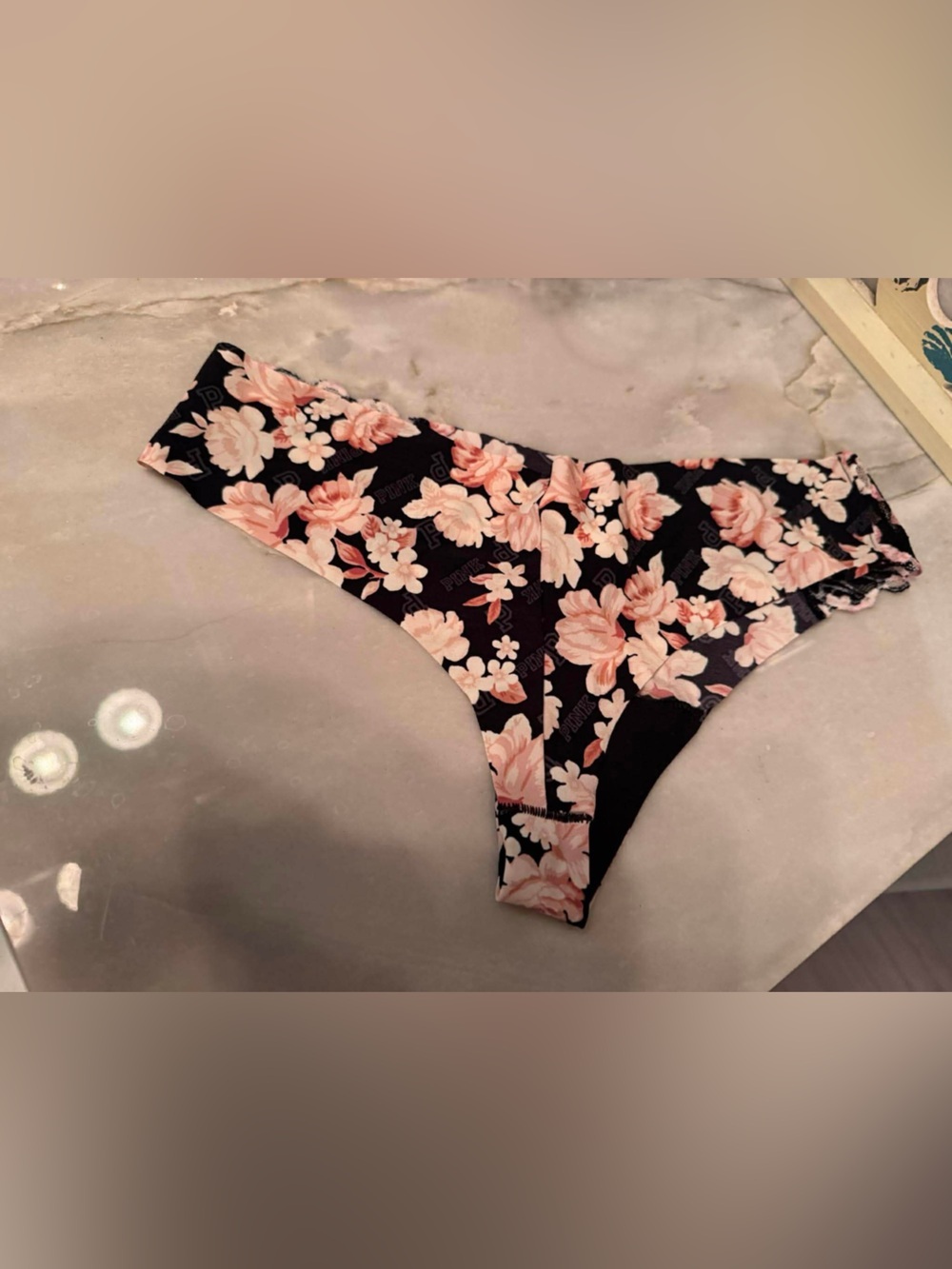 PINK Victoria's Secret Black Bikini Bottoms with Pink Floral Print